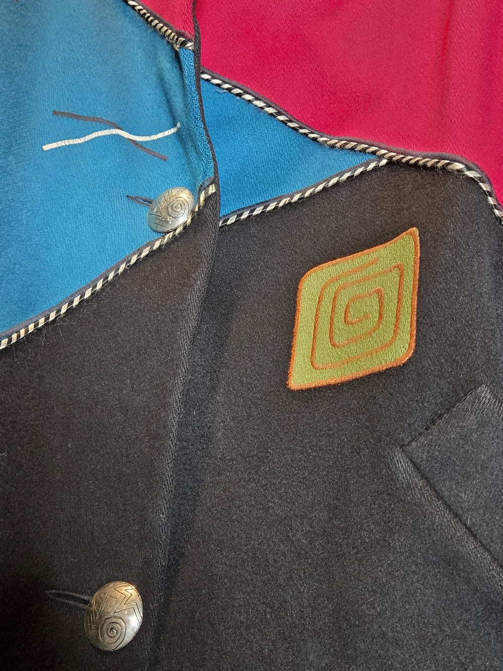 Vintage Marylou Ozbolt Storer Wearable Art Wool Jacket Black Geometric Sitching - Picture 6 of 16